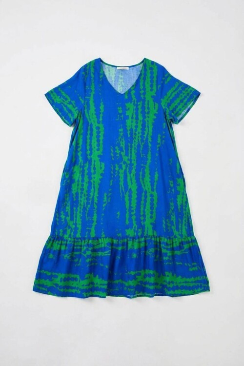 Yeşil Mavi Batik Desenli V Yaka Eteği Volanlı Oversize Elbise