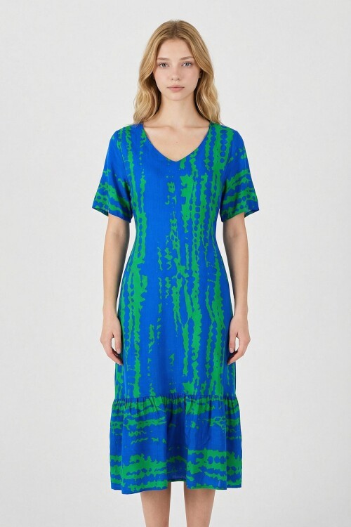 Yeşil Mavi Batik Desenli V Yaka Eteği Volanlı Oversize Elbise