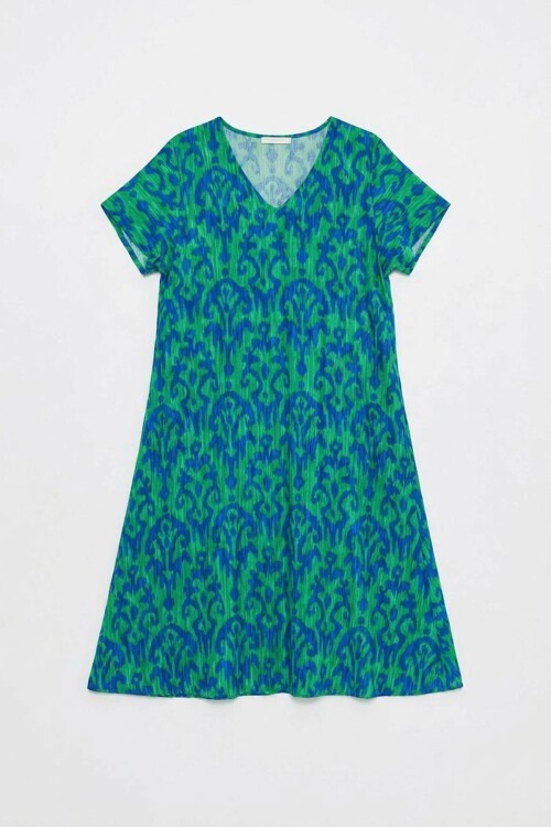 Yeşil Mavi Desenli V Yaka Midi Boy Elbise