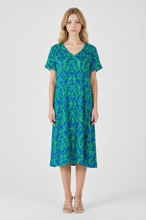 Yeşil Mavi Desenli V Yaka Midi Boy Elbise