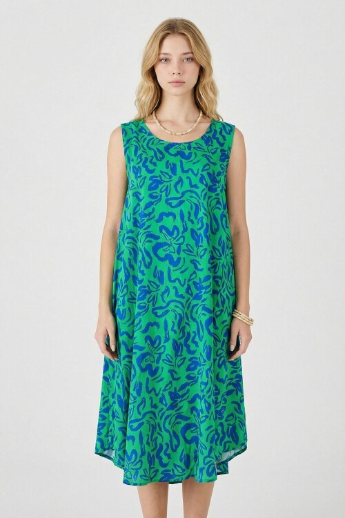 Yeşil Mavi U Yaka Kolsuz Eteği Asimetrik Kesim Desenli Midi Boy Elbise