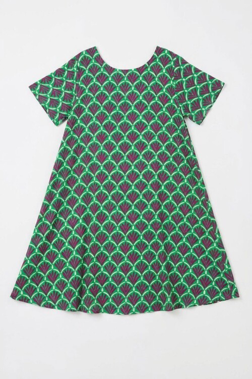 Yeşil U Yaka Kısa Kollu Midi Boy Desenli Elbise