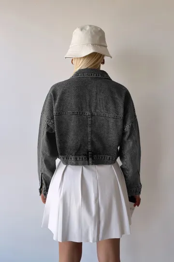 Antrasit Çift Cepli Fermuarlı Yıkamalı Crop Denim Ceket