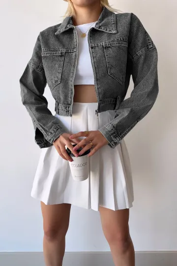 Antrasit Çift Cepli Fermuarlı Yıkamalı Crop Denim Ceket