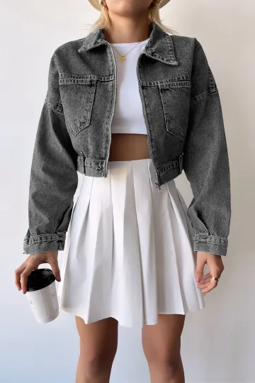 Antrasit Çift Cepli Fermuarlı Yıkamalı Crop Denim Ceket