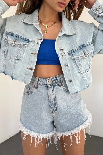 Buz Mavi Çift Cepli Lazer Kesim Yıkamalı Crop Denim Ceket