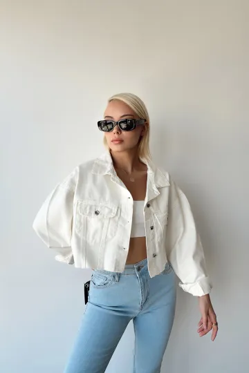 Ekru Çift Cepli Lazer Kesim Yıkamalı Crop Denim Ceket