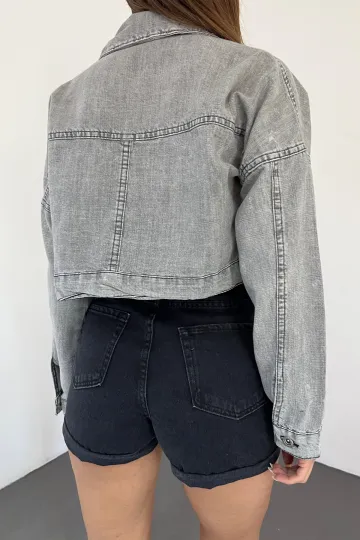 Gri Çift Cepli Fermuarlı Yıkamalı Crop Denim Ceket