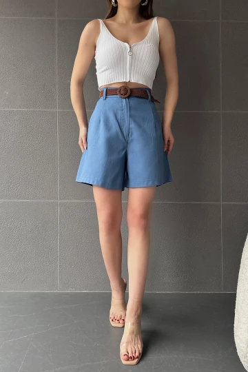 İndigo Beli Kemerli Geniş Paçalı Mom Şort BCDF-233305
