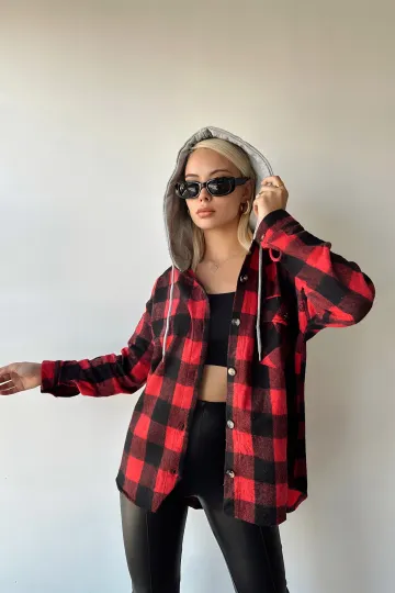 Kırmızı Kapüşonlu Ekose Desenli Oversize Kaşe Gömlek