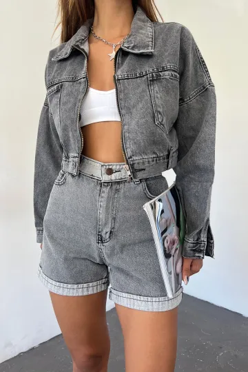 Koyu Antrasit Çift Cepli Fermuarlı Yıkamalı Crop Denim Ceket