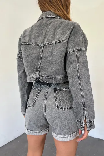 Koyu Antrasit Çift Cepli Fermuarlı Yıkamalı Crop Denim Ceket