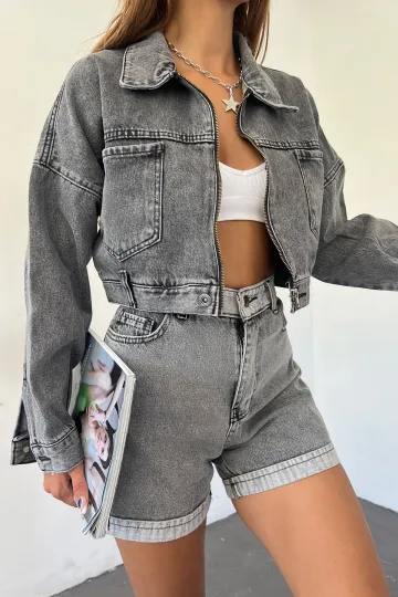 Koyu Antrasit Çift Cepli Fermuarlı Yıkamalı Crop Denim Ceket