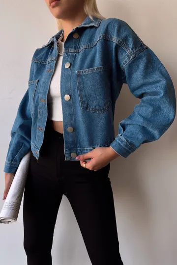Mavi Çift Cepli Crop Yıkamalı Denim Ceket
