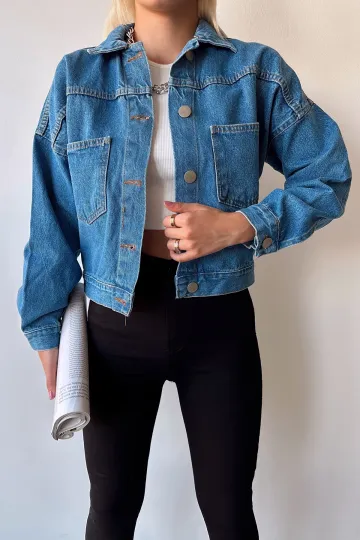 Mavi Çift Cepli Crop Yıkamalı Denim Ceket