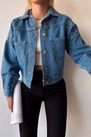 Mavi Çift Cepli Crop Yıkamalı Denim Ceket