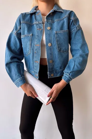 Mavi Çift Cepli Crop Yıkamalı Denim Ceket