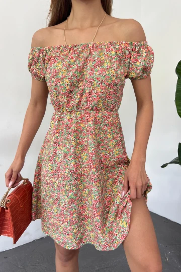 Mix Madonna Yaka Çiçek Desenli Krinkıl Elbise BCDF-234603