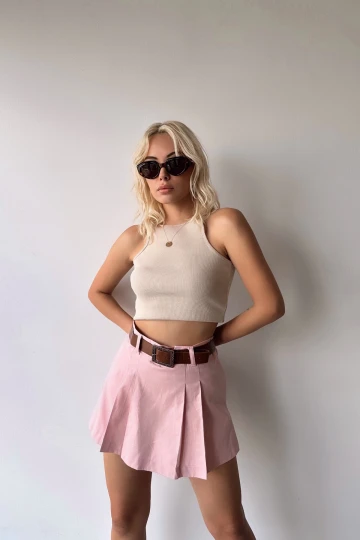 Pudra Kendinden Kemerli Pileli Şortlu Etek BCDF-237707