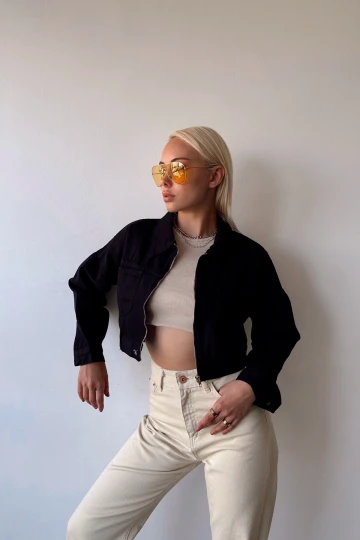 Siyah Çift Cepli Fermuarlı Yıkamalı Crop Denim Ceket