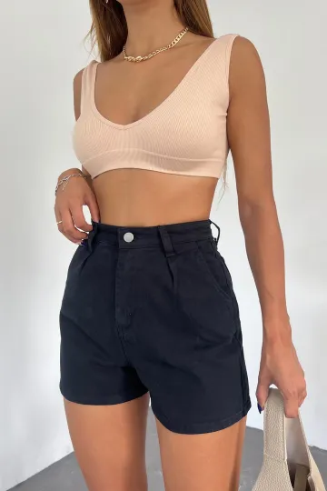 Siyah Çift Cepli Pileli Mini Denim Şort