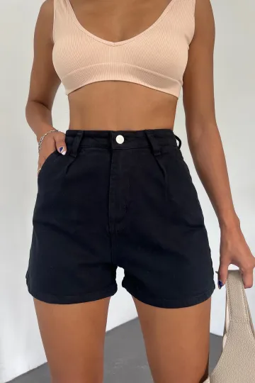 Siyah Çift Cepli Pileli Mini Denim Şort