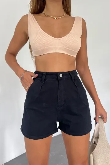 Siyah Çift Cepli Pileli Mini Denim Şort