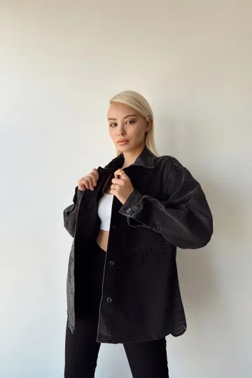Siyah Çift Cepli Yıkamalı Denim Gömlek Ceket