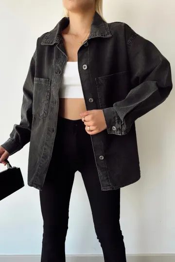 Siyah Çift Cepli Yıkamalı Denim Gömlek Ceket
