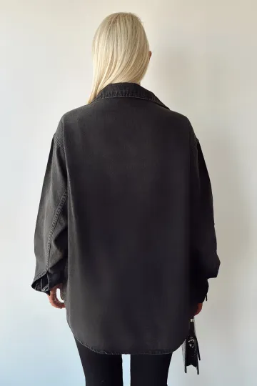 Siyah Çift Cepli Yıkamalı Denim Gömlek Ceket