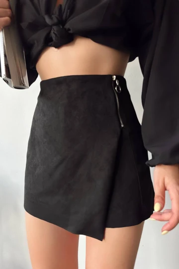 Siyah Fermuar Detaylı Süet Şort Etek BC231014
