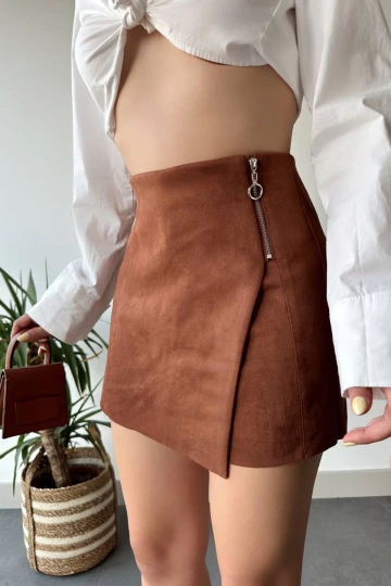 Taba Fermuar Detaylı Süet Şort Etek BC231014