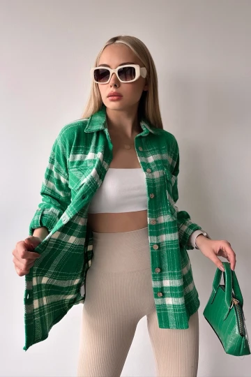 Yeşil Çift Cepli Ekose Desenli Kolu Katlamalı Kaşe Pamuklu Gömlek