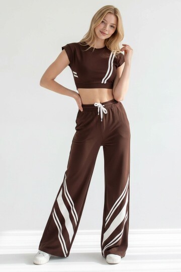 Acı Kahve Çizgili Modal Kumaş Crop Alt Üst Takım
