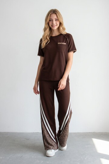 Acı Kahve Leopar Garnili Modal Kumaş Alt Üst Takım