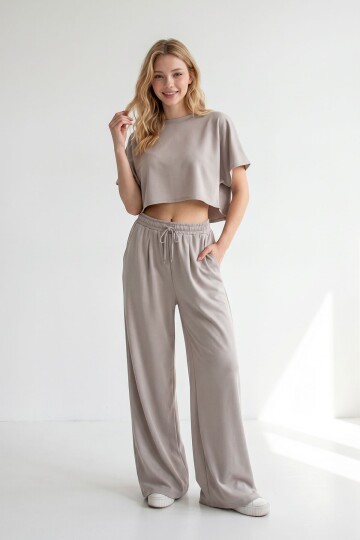 Bej Bol Paça Rahat Kesim Modal Kumaş Alt Üst Takım