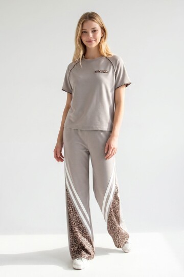 Bej Leopar Garnili Modal Kumaş Alt Üst Takım