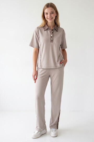 Bej Leopar Garnili Modal Kumaş Alt Üst Takım