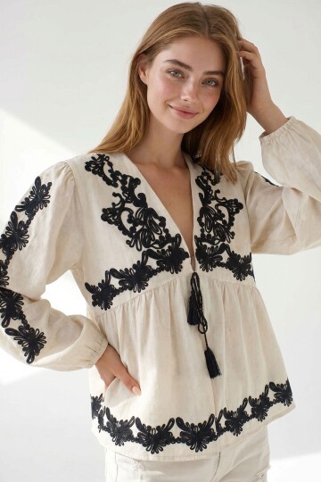 Bej Nakışlı Bağlama Detaylı Ham Keten Ceket