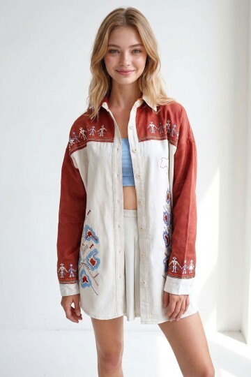 Bej Nakışlı Renk Bloklu Oversize Gabardin Ceket