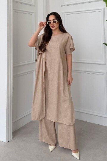 Bej Önden Ve Arkadan Yırtmaçlı Tensel Kumaş Alt Üst Takım
