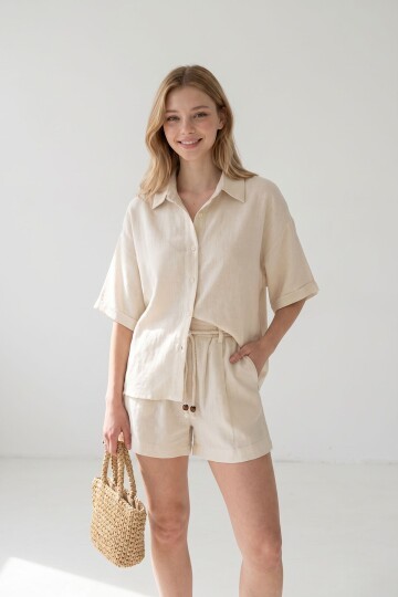 Bej Şort Ve Gömlek Yazlık Pamuklu Alt Üst Takım