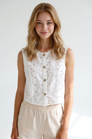 Beyaz Bisiklet Yaka Güpür Yelek