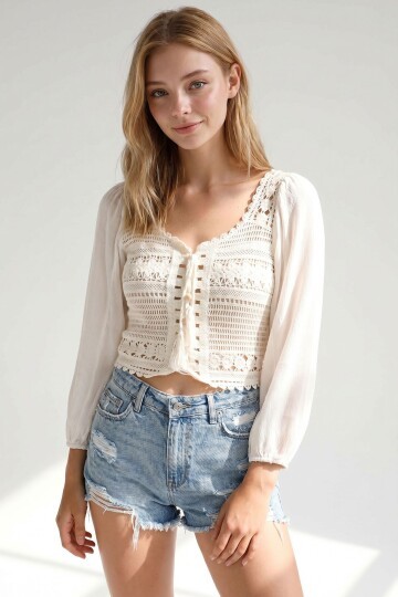 Beyaz Brit Detaylı Delik İşi Crop Bluz