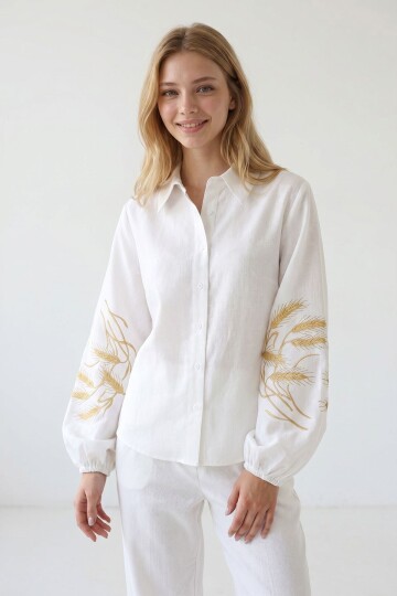 Beyaz Kolları İşlemeli Poplin Dokuma Gömlek