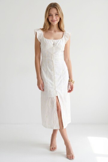 Beyaz Madonna Yaka Nakış İşlemeli İçi Astarlı Dokuma Elbise