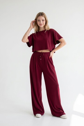 Bordo Bol Paça Rahat Kesim Modal Kumaş Alt Üst Takım