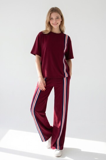 Bordo Çizgili Modal Kumaş Alt Üst Takım