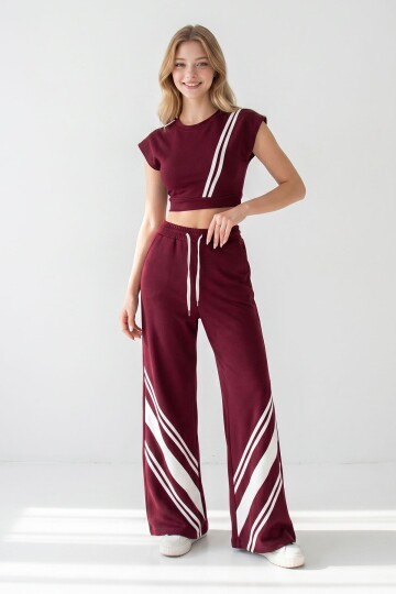 Bordo Çizgili Modal Kumaş Crop Alt Üst Takım