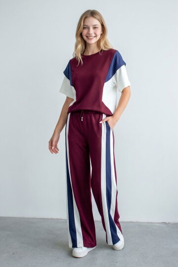 Bordo Renk Bloklu Modal Kumaş Alt Üst Takım